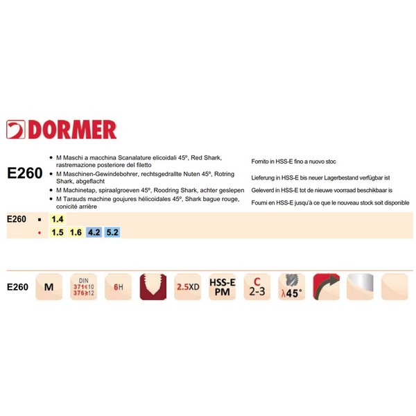Maschi Dormer E260 HSS-E PM Din 371/376 C R45 M 6H