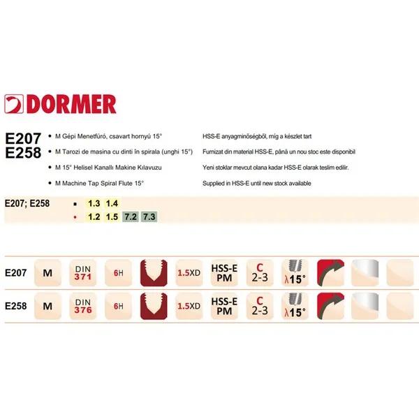 Maschi Dormer E258 HSS-E PM Din 376 C R15 M 6H