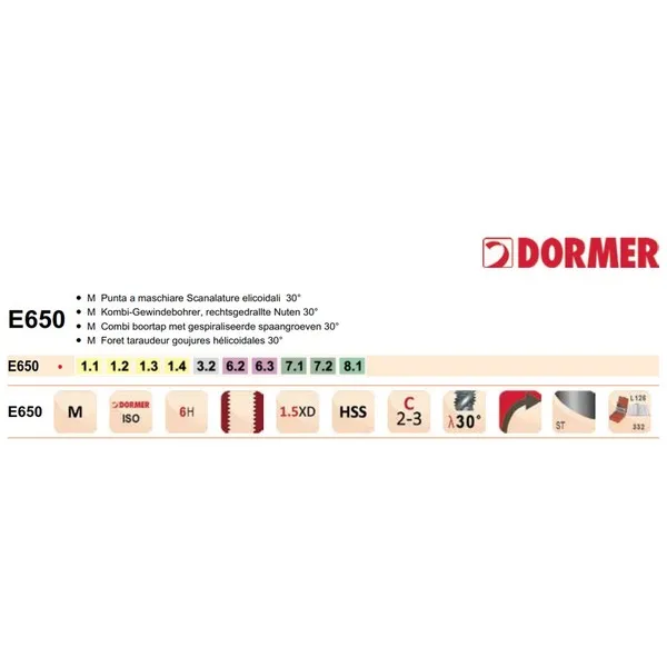 Punte a maschiare Dormer E650 HSS Dormer Iso C R30 M 6H Vap