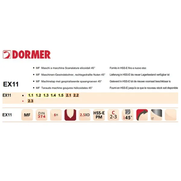 Maschi Dormer EX11 HSS-E PM Din 374 C R45 MF 6H Vap